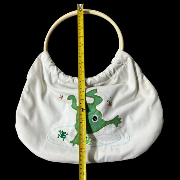 Vintage White Purse 1970s Country Fair Frog Lotus Plastic Hoop Handles Kitschy - Picture 9 of 10